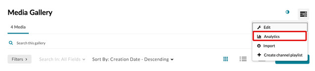 To view the analytics, go to the Media Gallery and click the Actions button. Select Analytics.