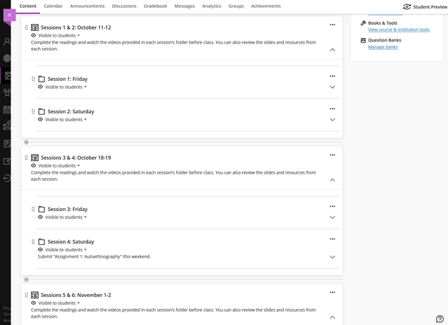 Screenshot of time-based 2-session modules in Ultra course