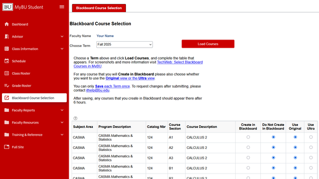 Fall 2025 Term courses loaded with default options unmodified