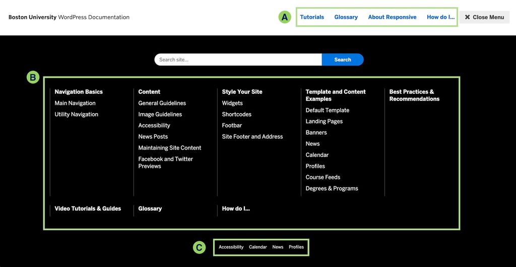 Mega navigation expanded to show short navigation, the website navigation, and utility navigation