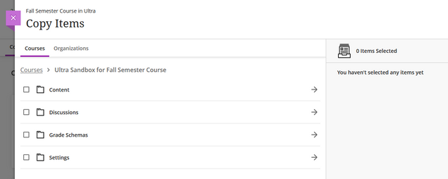Categories of course content that can be copied in the Copy Items menu