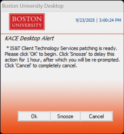 Screenshot of a KACE patching alert indicating that patching is ready to begin. The options to begin, delay for one hour, and cancel are shown.