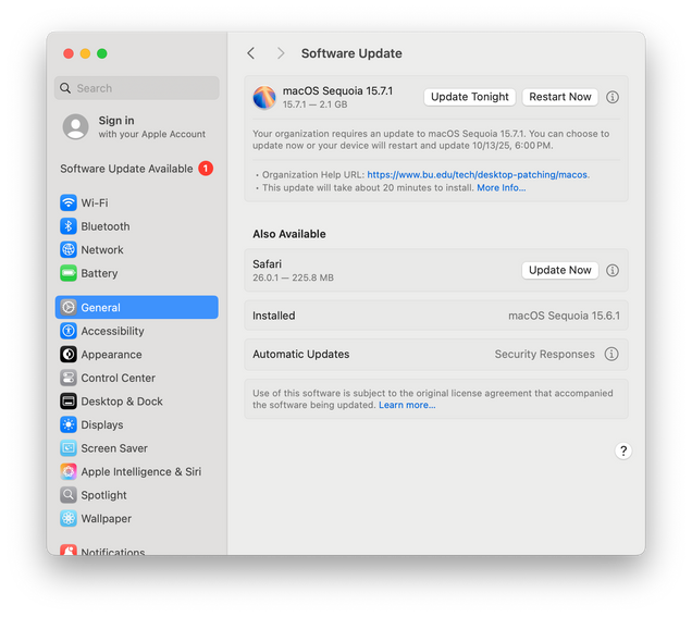 Screenshot of macOS Software Update showing a staged update, organization imposed deadline, and link to more information about the organization's requirement.