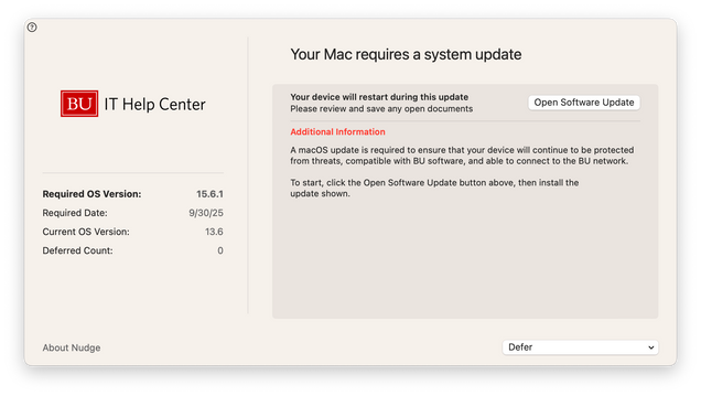 Screenshot of Nudge UI showing that an update is available and must be installed by September 30th. The option to open software update is highlighted and a deferral dropdown appears at the bottom right.