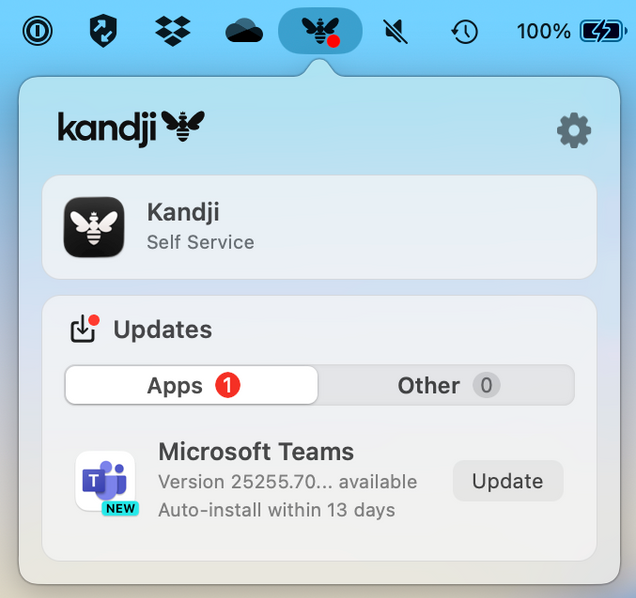 Screenshot of the Kandji menu showing a pending Microsoft Teams update