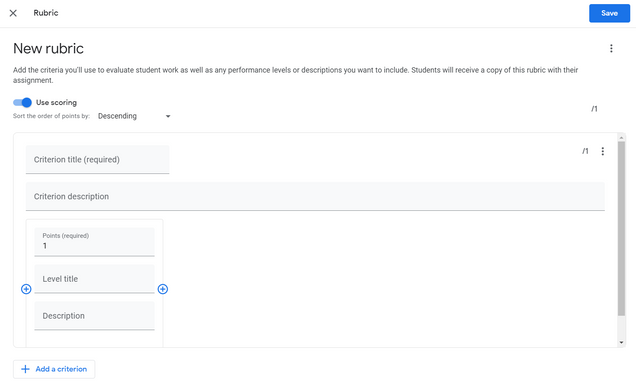 New rubric page for google assignments