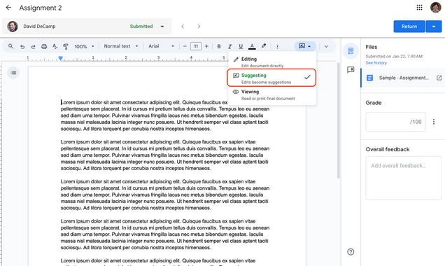 instructor view in Google Assignments highlighting suggest mode
