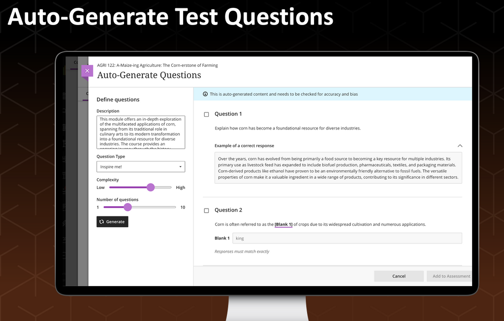 Example of the AI Design Assistant for generating Test Questions in Ultra