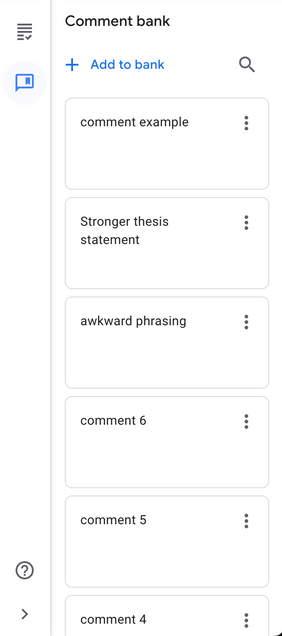 shows comment bank feature in google assignments instructor view. navigate via the comment icon in sidebar menu