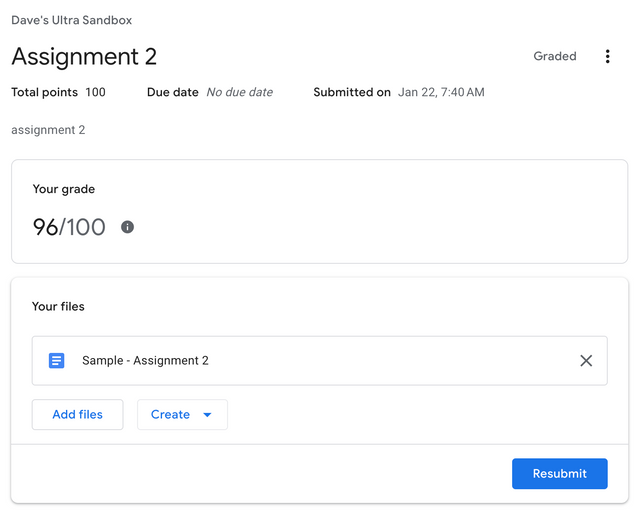 student detail assignment view in google assignments after grades are returned. shows assignment title, total points, grade, file link, and options for resubmission.