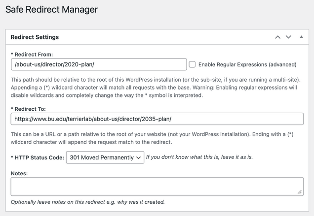 Screenshot of Safe Redirect Manager showing a configuration redirecting an old URL to a new URL.