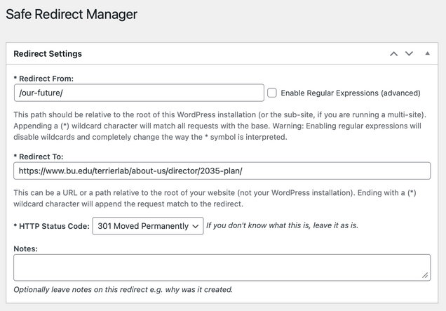 Screenshot from Safe Redirect Manager with configuration showing a quick link -- /our-future/ -- to redirect to a different page with a longer URL.