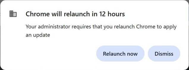 Chrome will relaunch in 12 hours dialog