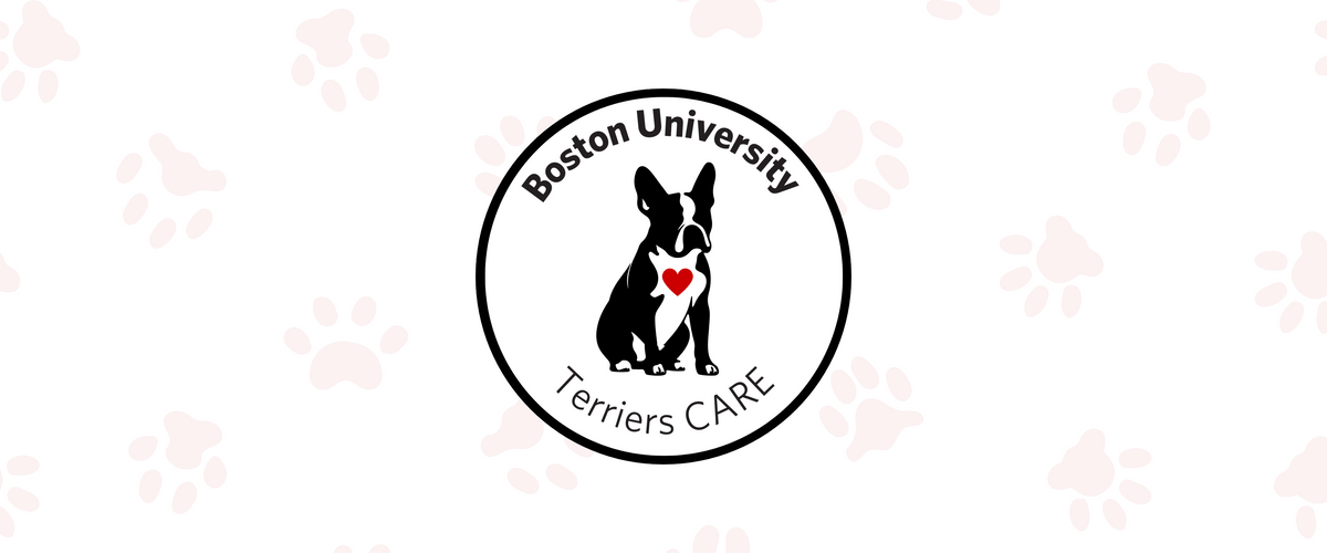 Logo of Boston University Terriers CARE featuring a dog with a red heart on a white background with pink paw prints.