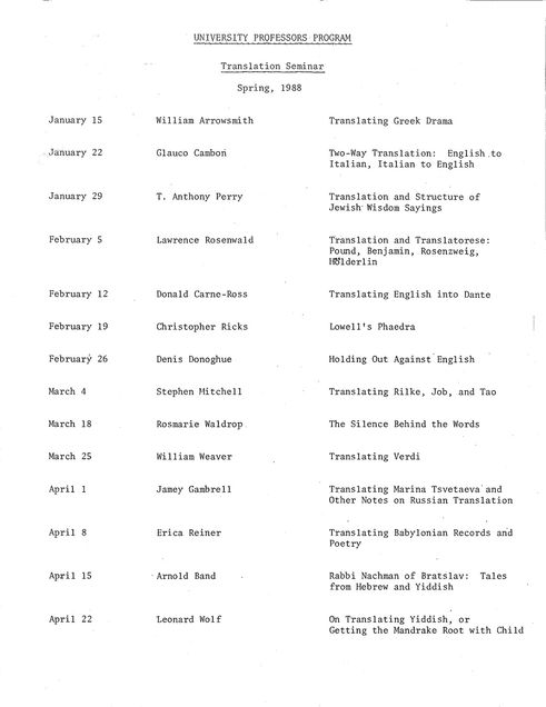 1988 Lecture Series in Literary Translation poster.