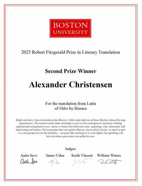 2025 Robert Fitzgerald Second Prize awarded to Alexander Christensen for Odes