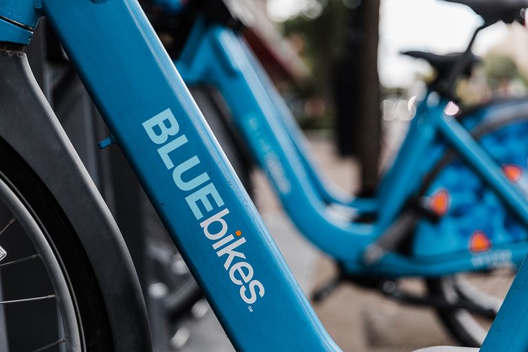 Closeup of BLUEbikes station