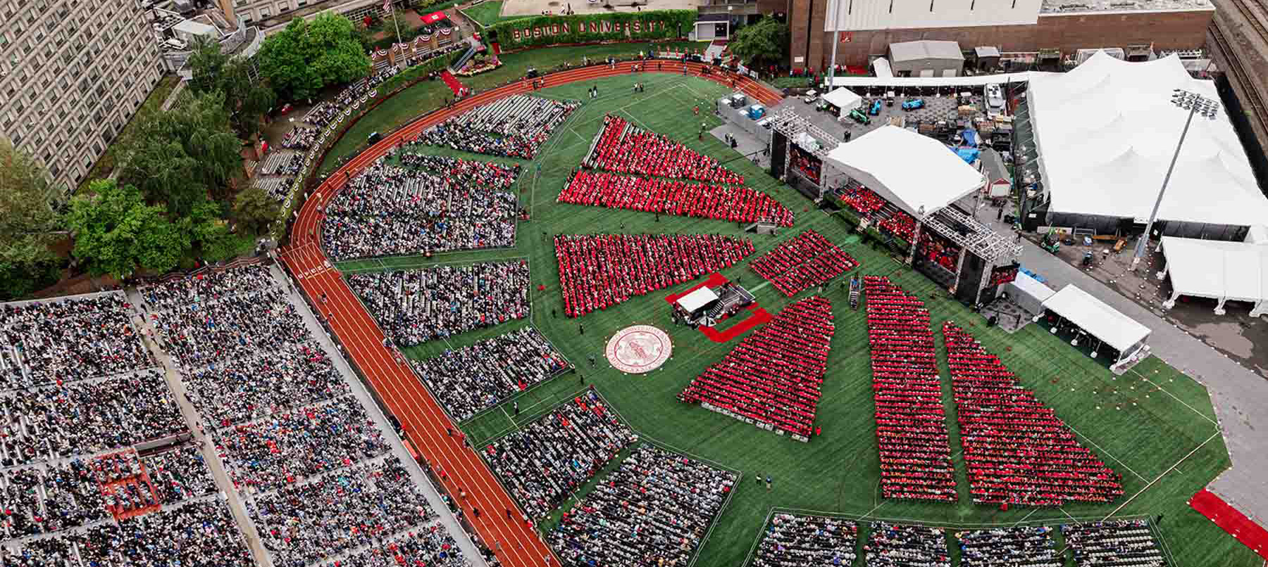 Aerial view of BU Commencement at Nickerson Field