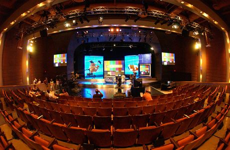 Fisheye view of stage during Daily Show taping at Tsai