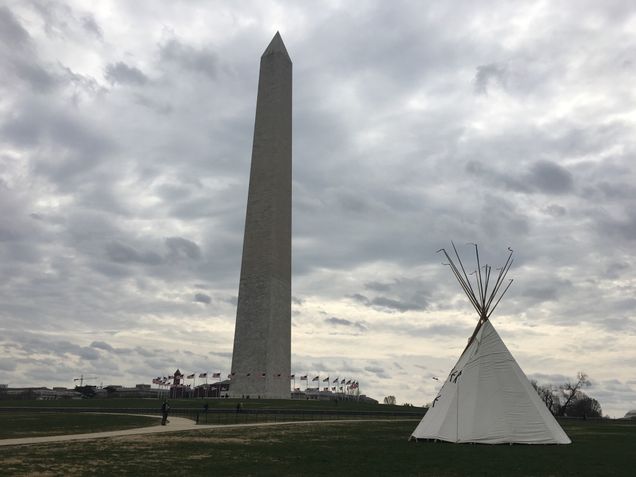 Native Americans set a Tipi camp by the Washington Monument as an act of protest against the North Dakota Access Pipeline