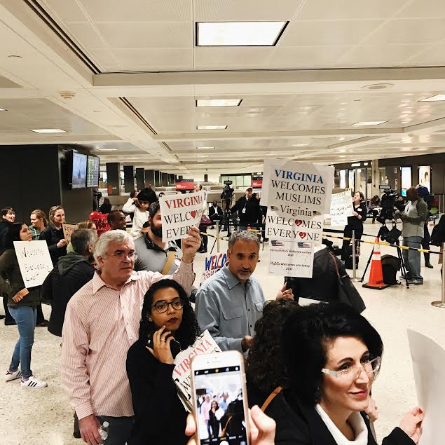 People gathered at the Dulles International Airport