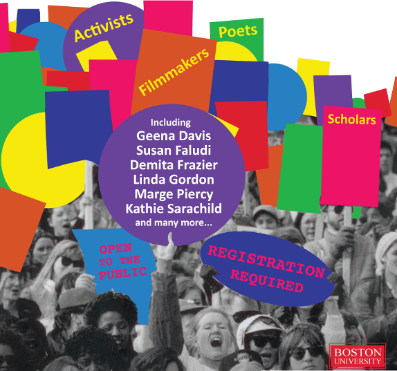 Conference poster featuring a group of people in black and white holding signs with a few conference details