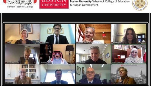 Screenshot of a Zoom meeting with representatives from BU Wheelock and Bahrain Teachers College