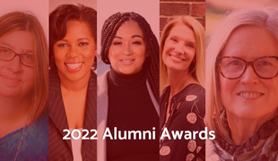 Shows faces of five recipients of BU Wheelock 2022 Alumni Awards