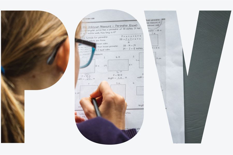 The letters POV with a photo of someone doing math over them.