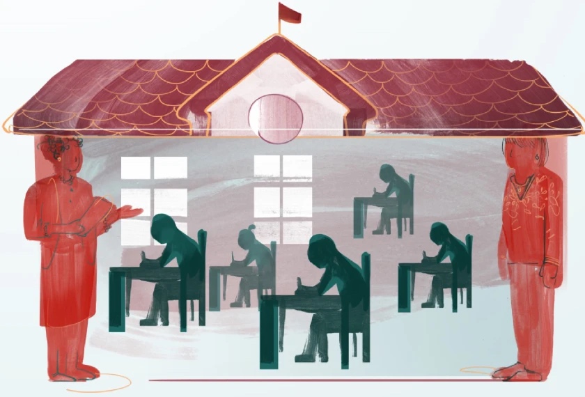 An illustration of students and teachers inside a schoolhouse.