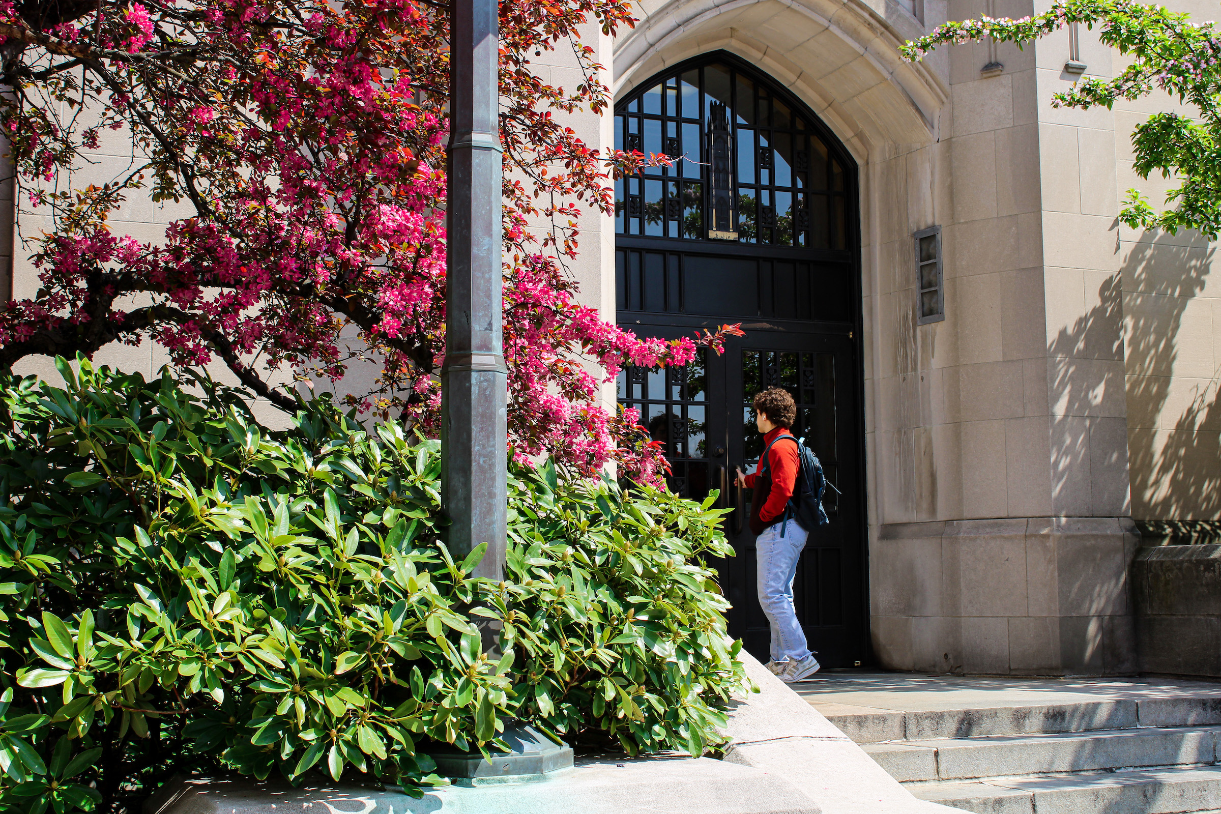 male student walking into academic building