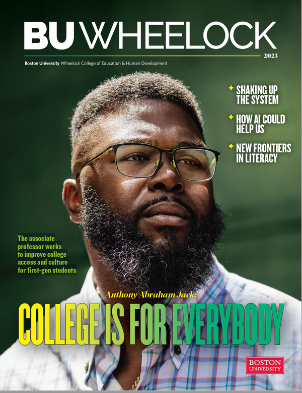 2023 BU Wheelock Magazine cover showcasing Anthony Jack with a headline reading "College is for Everybody"