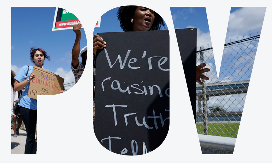 A photo of people carrying protest signs superimposed over the letters POV.