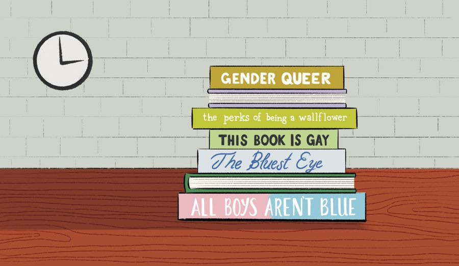 An illustration of several books stacked on top of each other, including Gender Queer, The Perks of Being a Wallflower, This Book Is Gay, The Bluest Eye and All Boys Aren't Blue