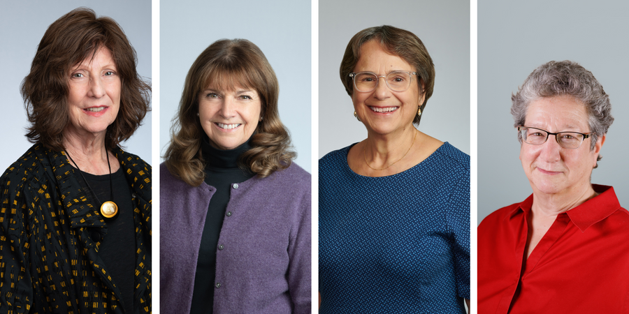 Shows headshots of four people