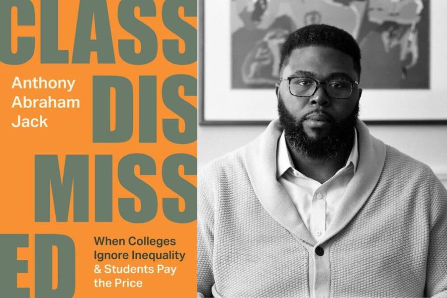 Photo of the book "Class Dismissed" next to a black-and-white picture of Tony Jack, a Black man with a beard and glasses. He's wearing a light cardigan and button-up shirt underneath.