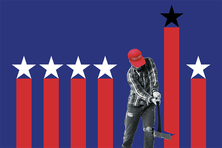 A graphic of a man wearing a flannel shirt, torn jeans, and a "Make America Great Again" hat chopping away at a bar chart.