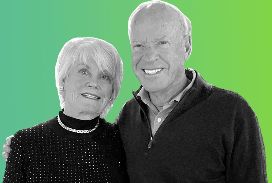 Black-and-white photo of Kathy and Bob Jaunich, two donors. They are smiling and wearing dark shirts.