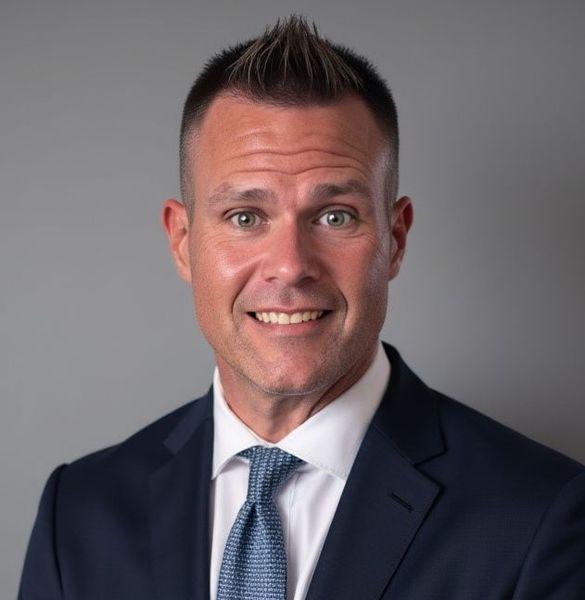 Shows James LaBillois, who has short hair and is wearing a blue jacket, white collared shirt, and blue tie
