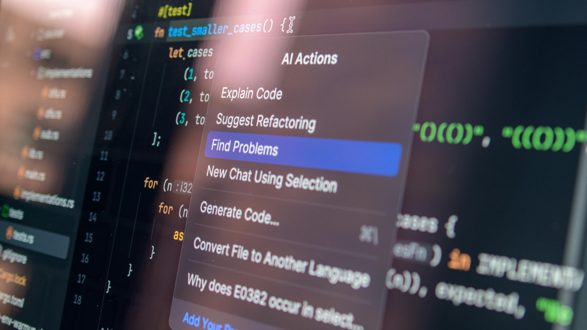 Close-up of a computer screen showing code in an editor with an “AI Actions” menu open and “Find Problems” highlighted.