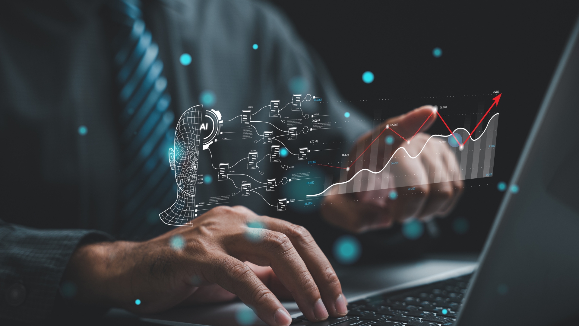 Person using a laptop with overlaid AI graphics and a rising data chart
