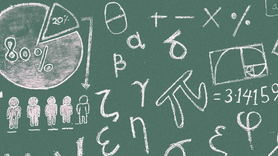 Chalkboard with math symbols, a pie chart showing 80% and 20%, four stick figures, and Greek letters, conveying an educational and analytical tone.