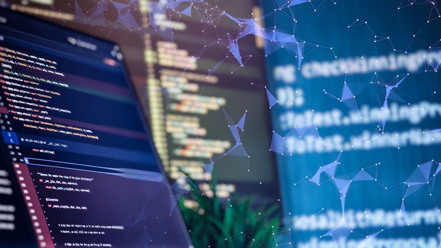 Abstract technology scene with code on computer screens, glowing blue data text, and connected geometric network lines suggesting AI and cybersecurity.