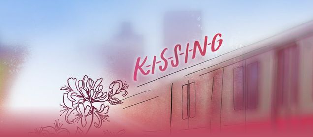 Graphic with "KISSING" in front of a blurred image of subway car and cityscape in background.