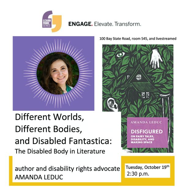 Amanda Leduc headshot and title of talk, as reflected in text on page