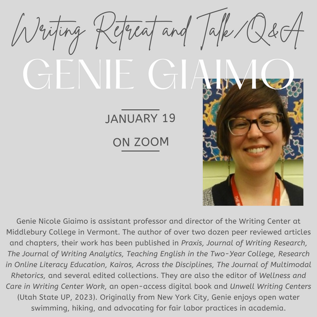 Headshot of Genie Giaimo and biography. All text is included at bottom of page.