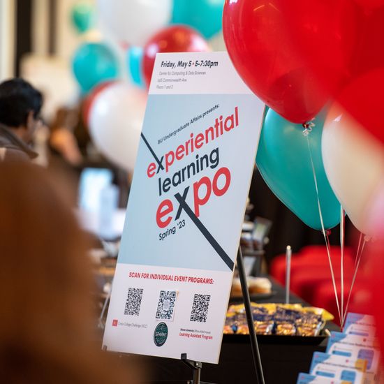 The official expo poster is displayed. Behind it, balloons can be seen.