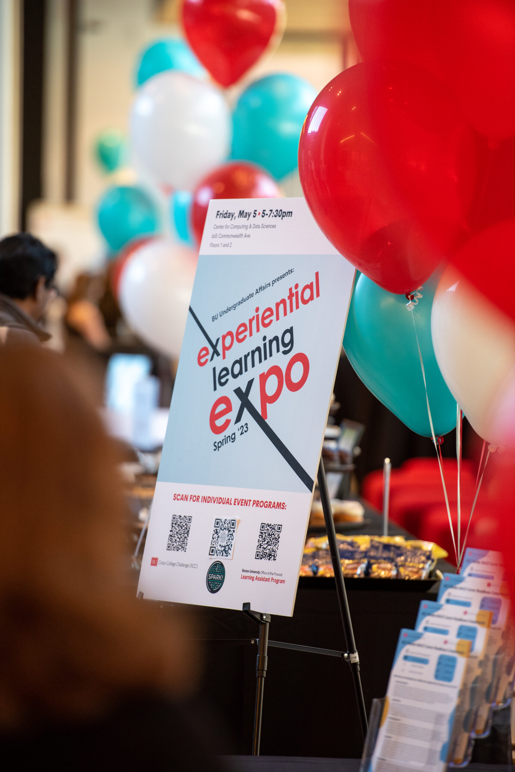 The official expo poster is displayed. Behind it, balloons can be seen.